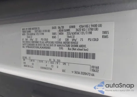 2020 Ford Transit-350 Passenger Van Xlt z USA, uszkodzony, nr VIN 1FBAX2CG9LKA95093